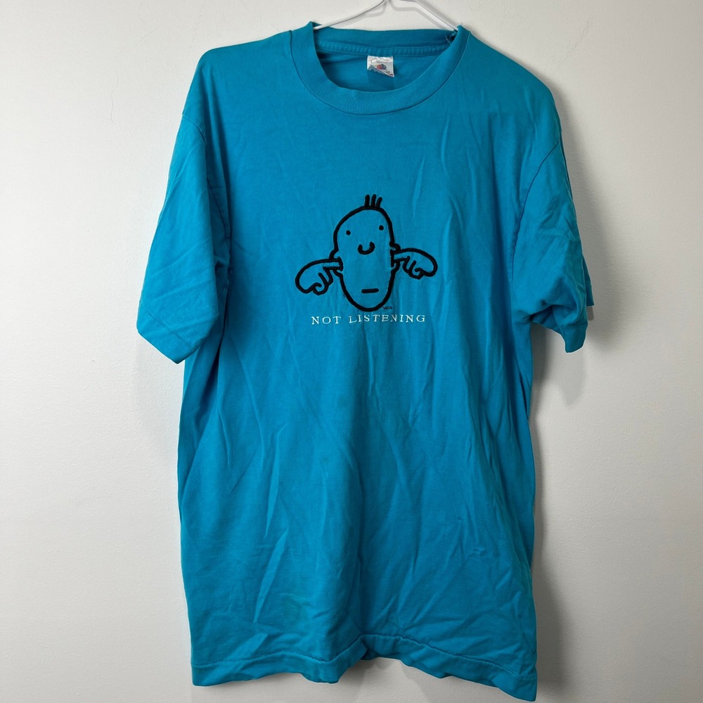 Vintage 90s Fruit of the Loom Not Listening Embroidered Graphic T Shirt Teal